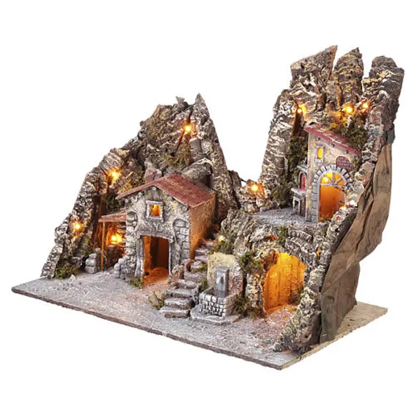 Bourgade illuminée avec escalier 50x60x35 cm crèche napolitaine 8 cm