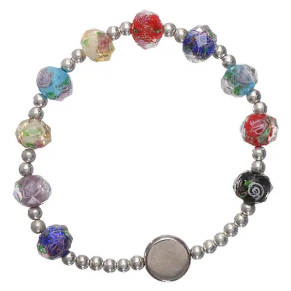 Bracelet dizainier élastique semi-cristal multicolore Pape François grains à facettes roses