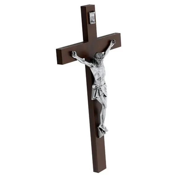 Crucifix bois couleur noyer Jésus résine argent mat 25 cm Valenti