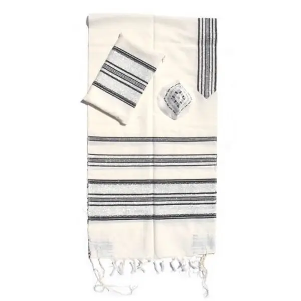 Ensemble Talith en laine blanche tissée à la main Gabrieli - Rayures noires