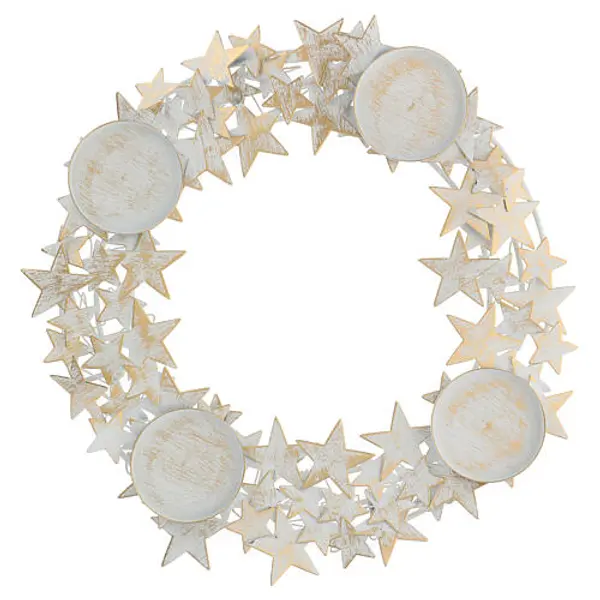 Couronne de l'Avent métal blanc et or étoiles et bougeoirs max 7,5 cm