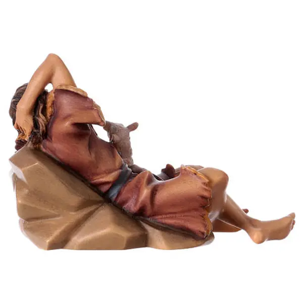 Santon berger allongé et agneau crèche Original bois peint Val Gardena 12 cm