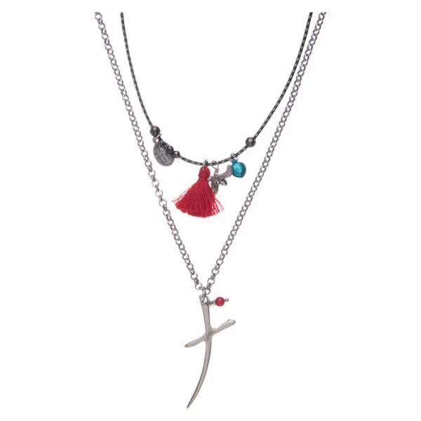 Collier chaîne avec croix stylisée et gland rouge