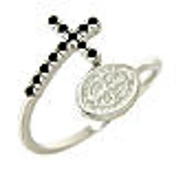 Bague médaille St Benoît argent 925 et zircons noirs.