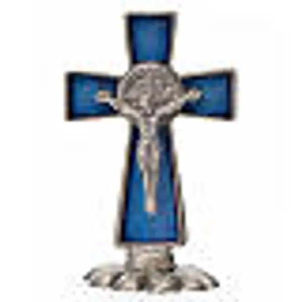 Croix Saint Benoît à poser 5x3 cm zamac émaillé bleu