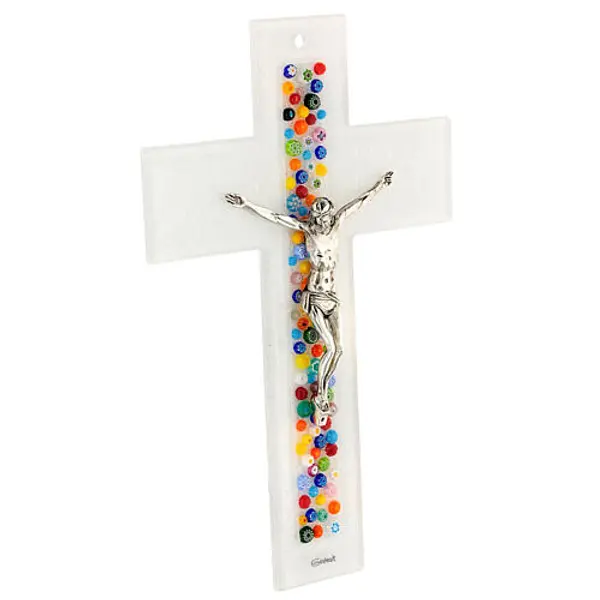 Crucifix verre de Murano blanc murrine colorés 35x20 cm