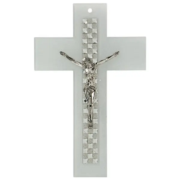 Crucifix blanc échiquier pierres et strass 15x10 cm
