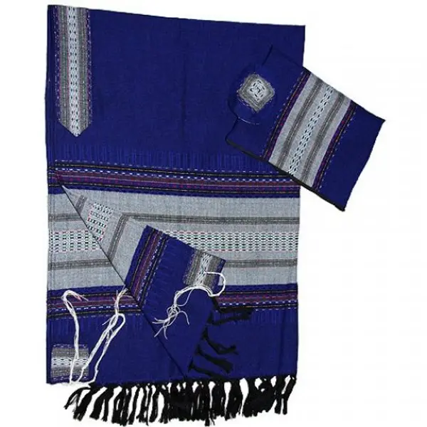 Ensemble Talith en laine bleu roi tissé à la main Gabrieli - Rayures grises