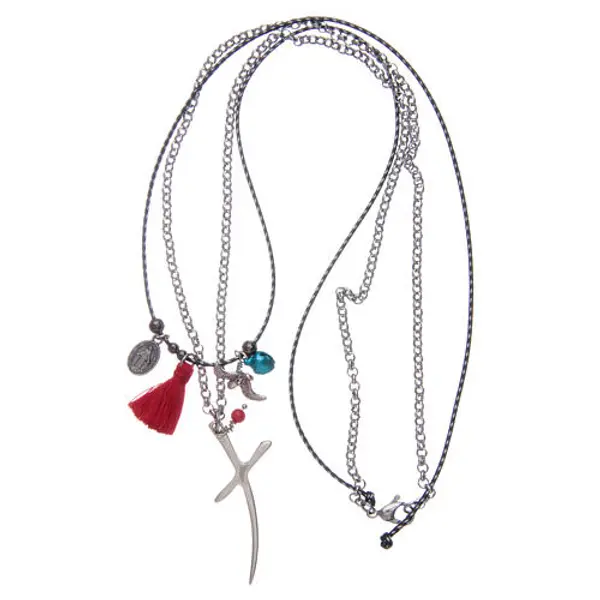 Collier chaîne avec croix stylisée et gland rouge