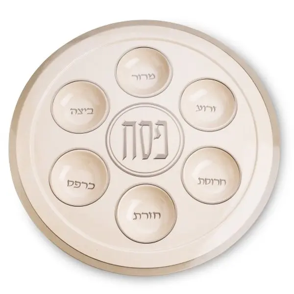 Assiette de Seder de Pâque en mélamine légère - Design classique blanc et argent