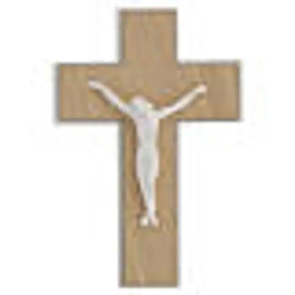 Croix bois clair corps résine blanche moderne 25 cm
