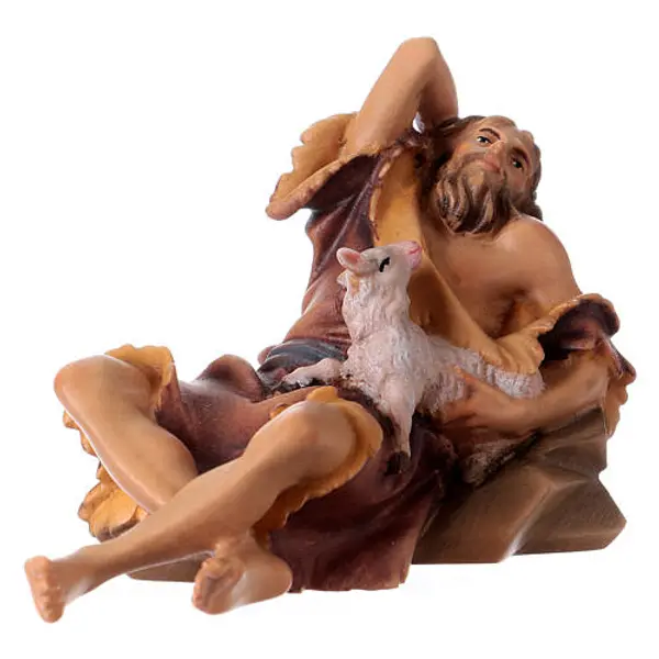 Santon berger allongé et agneau crèche Original bois peint Val Gardena 12 cm