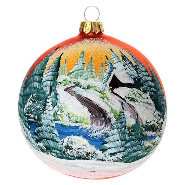 Boule sapin verre orange paysage découpage 100 mm