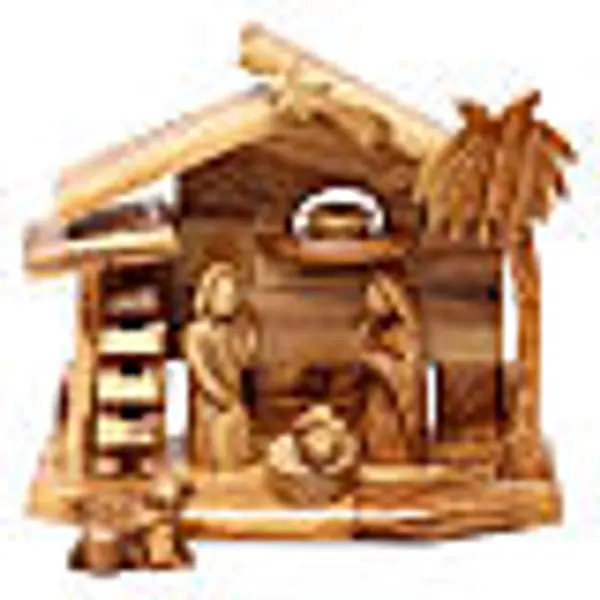 Cabane avec crèche en olivier de Bethléem avec Nativité 20x20x10 cm