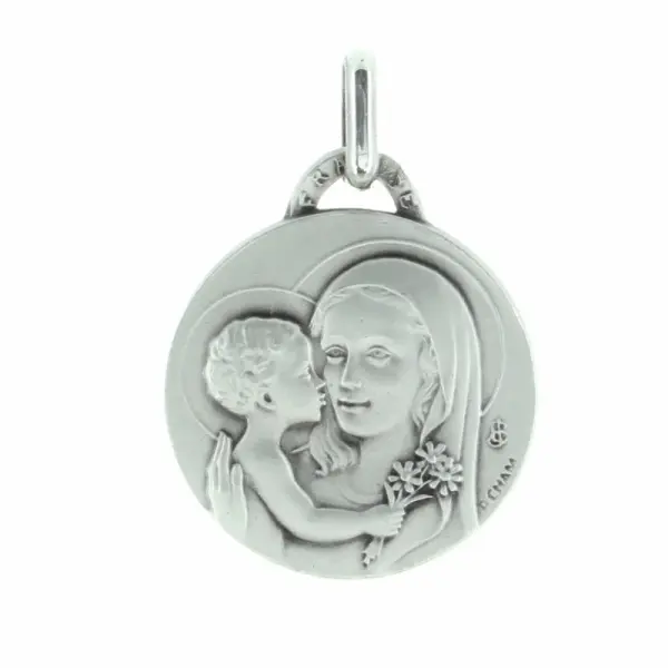 Médaille de la Vierge Marie au bouquet en Argent 18mm avec Gravure Personnalisée
