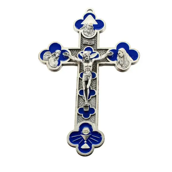 Croix quadrilobe en métal émaillée bleue de 13cm