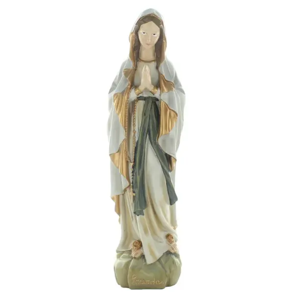 Statue Notre Dame de Lourdes patinée avec manteau doré en résine 40 cm