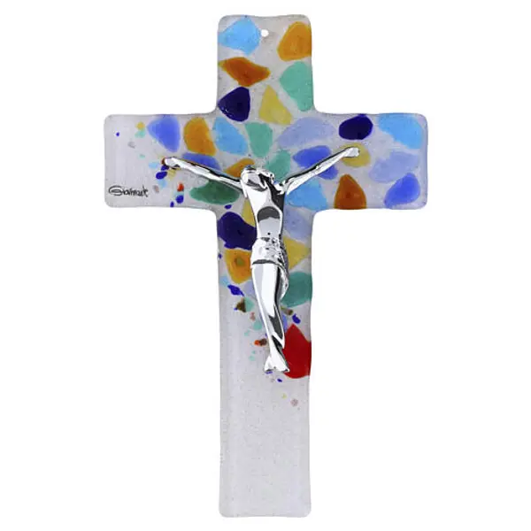 Croix en verre de Murano transparente avec fragments multicolores 16x10,5 cm