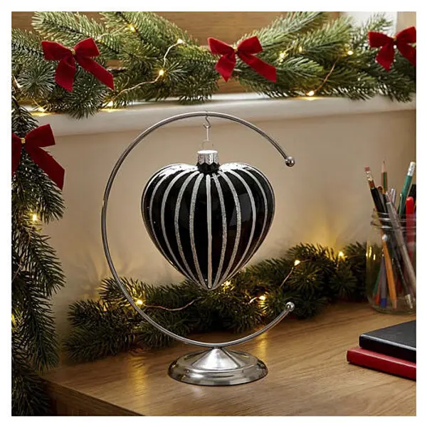 Coeur en verre noir rayures argent 100 mm