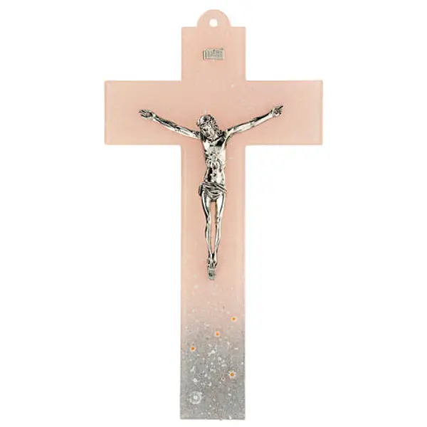 Crucifix verre de Murano dégradé rose-gris 18x10 cm