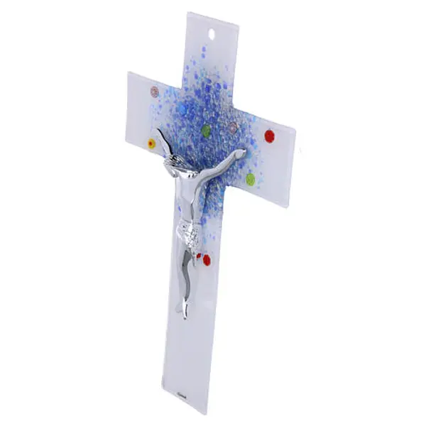 Crucifix en verre de Murano ciel bleu avec murrines 35x20 cm