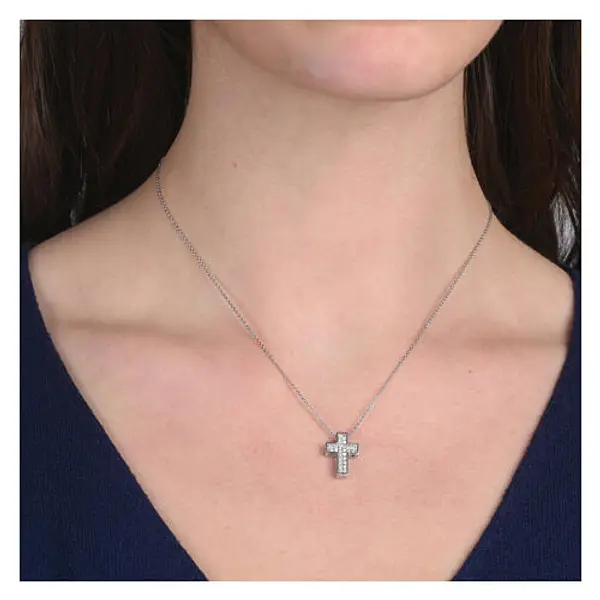 Collier Crucis zircons blancs Benedictus argent 925 rhodié
