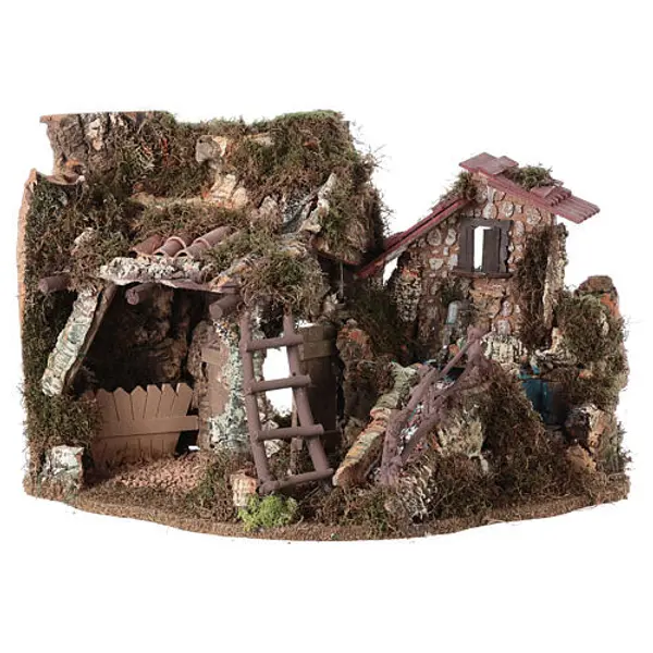 Etable crèche Noel fontaine maison échelle40x58x38