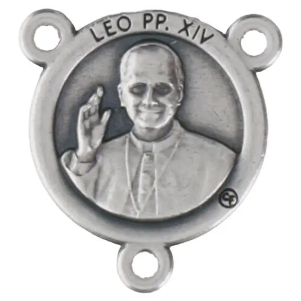 Médaille centrale ronde 15 mm en zamak argenté Pape Léon XIV et Basilique Saint‑Pierre