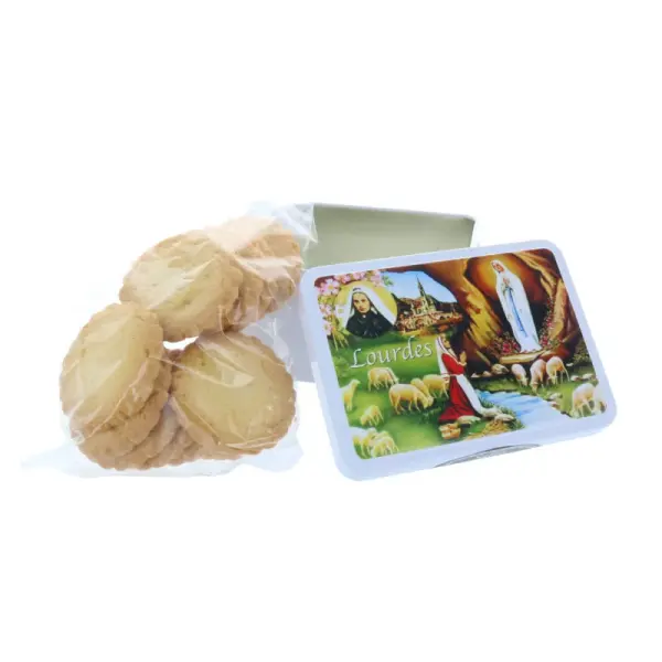 Coffret gourmand, Apparition de Lourdes et biscuits sablés 120 g en boîte métal