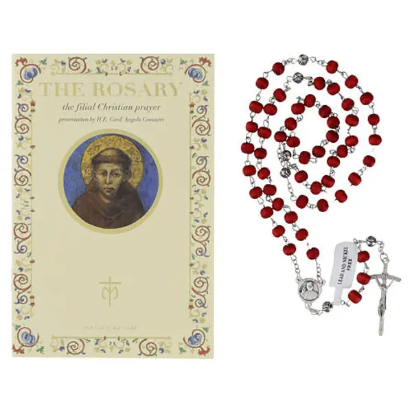 Livret « Le rosaire » Saint François papier effet parchemin chapelet en bois, ANGLAIS