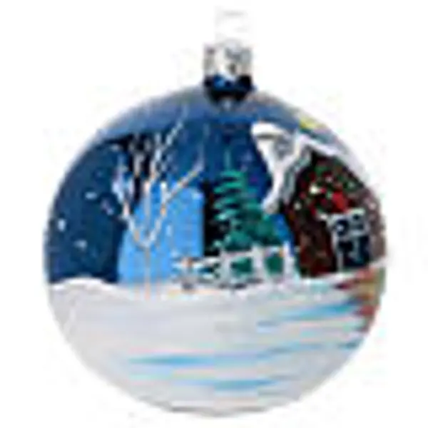 Boule Noël verre soufflé bleu nuit satiné ferme enneigée 100 mm