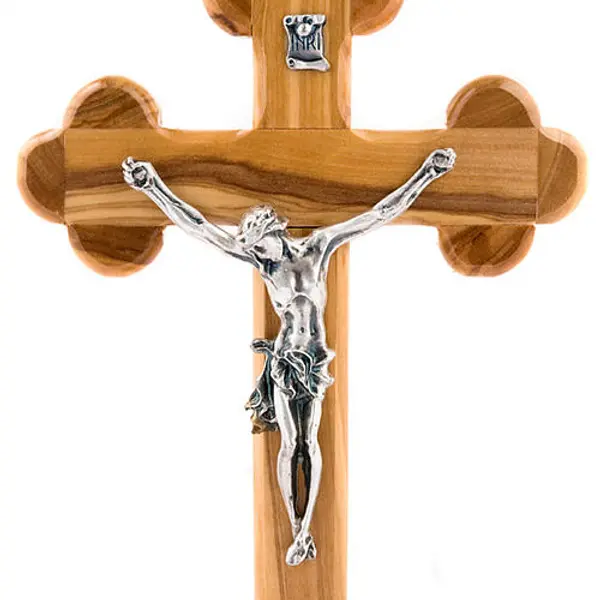 Crucifix en bois d'olivier, croix fleurs
