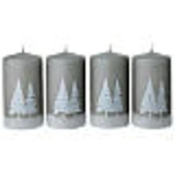 Ensemble 4 bougies gris perle décorées d'arbres enneigés 13x7 cm