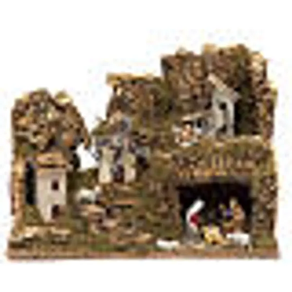 Bourg avec grotte crèche et moulin 28x42x18 cm