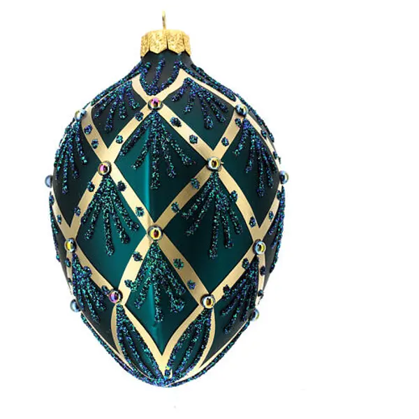 Boule de Noël ovale verte losanges or verre soufflé 100 mm