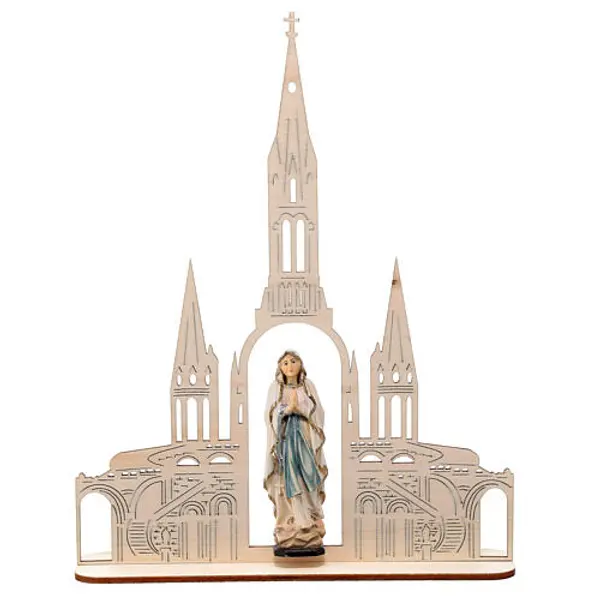 Statue Notre-Dame de Lourdes 8 cm avec basilique 20x16 cm bois peint Val Gardena