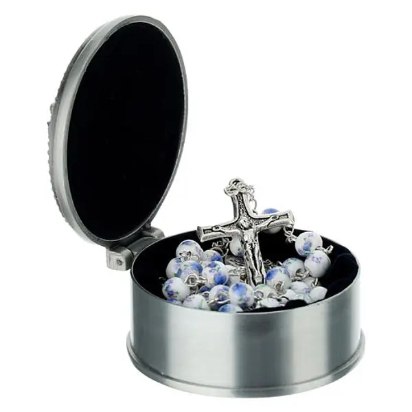 Boîte ronde en métal pour chapelet avec trois roses