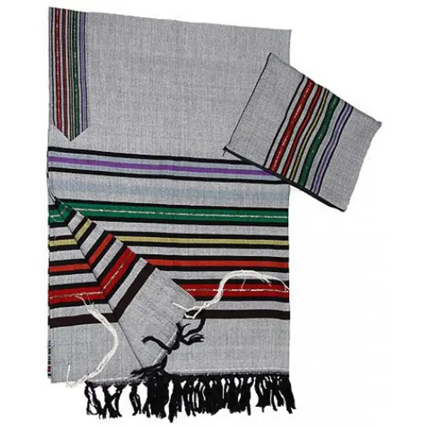 Ensemble Talith en laine grise tissée à la main Gabrieli - Manteau multicolore Josephs