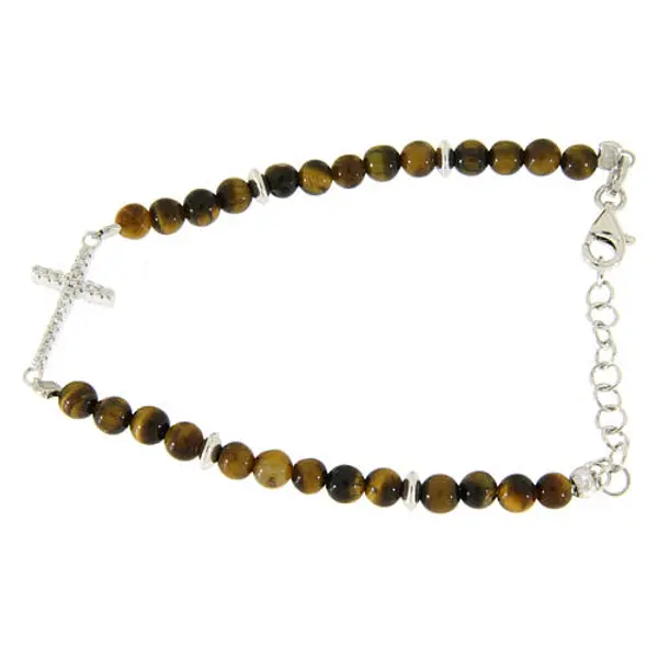 Bracelet perles oeil de tigre argent et croix zircons blancs