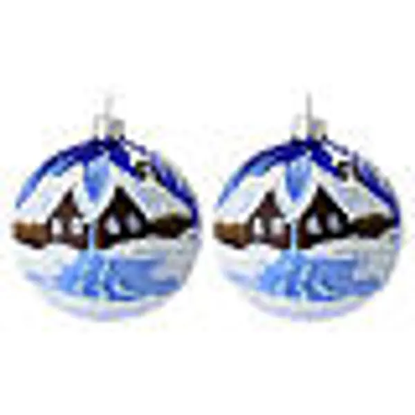 Boîte 2 boules de Noël paysage hivernal bleu 80 mm verre soufflé