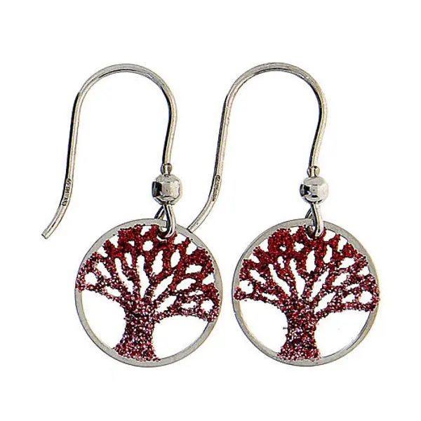 Boucles d'oreilles argent 925 Arbre de la Vie diamanté rouge 1,5 cm diamètre