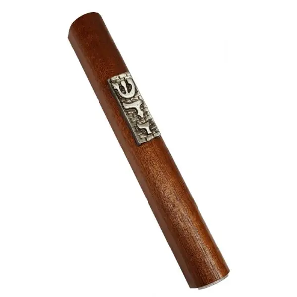 Coffret à mezouzah en bois brun foncé, plaque en étain argenté - Mur occidental et nom divin