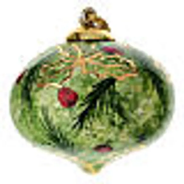Boule de Noël pour sapin Dellarte Ceramiche fond vert avec houx décoré à la main 8 cm