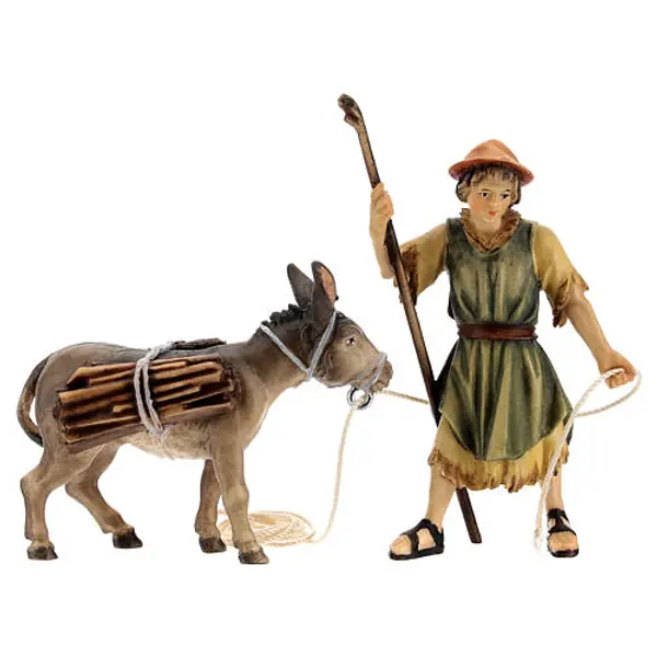 Berger qui tire un âne avec bois crèche Original bois peint Val Gardena 10 cm