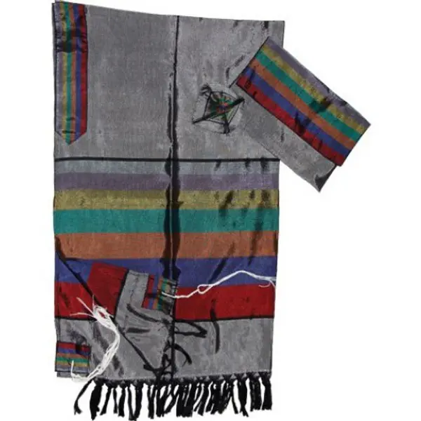 Ensemble Talith en soie grise tissée à la main Gabrieli - Rayures larges multicolores