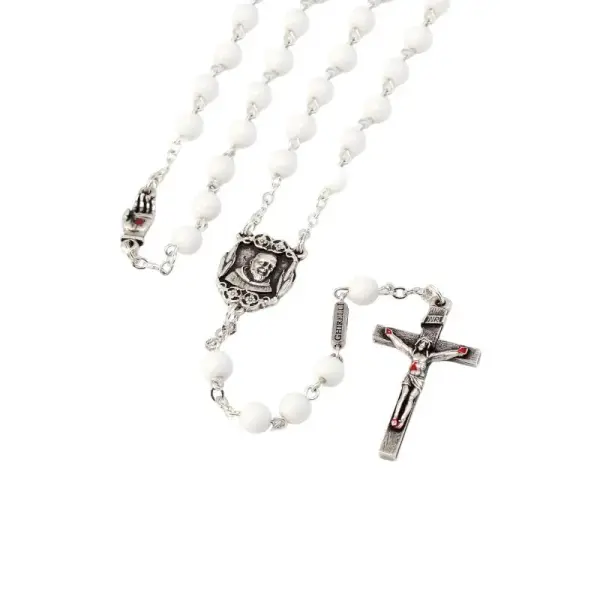 Chapelet De Padre Pio en verre Blanc et Argent