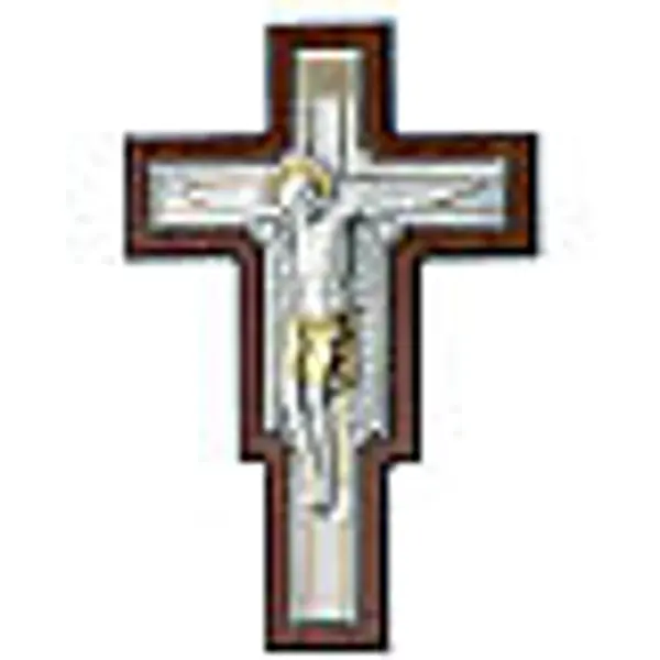 Croix sur bois marron avec plaque en argent et dorée