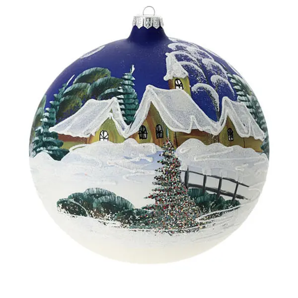 Boule Noël 200 mm verre soufflé pays nordique enneigé ciel bleu