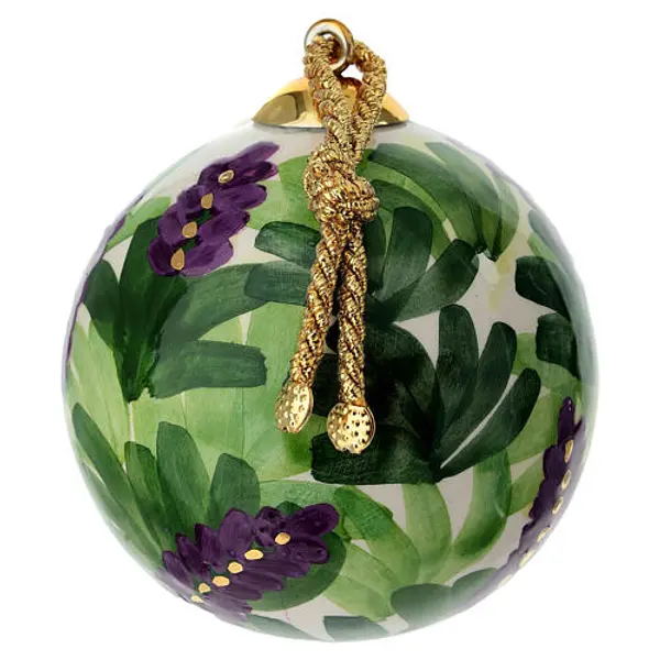 Boule de Noël Dellarte Ceramiche fleurs violettes feuilles vertes peintes à la main 8 cm