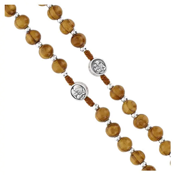 Chapelet collier grains bois médaille Saint Joseph 62 cm